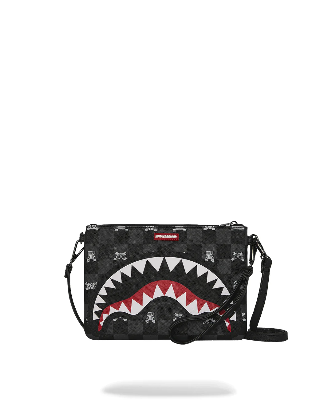 GRAY PEEKING CHARACTER CHECK CROSSBODY POUCHETTE