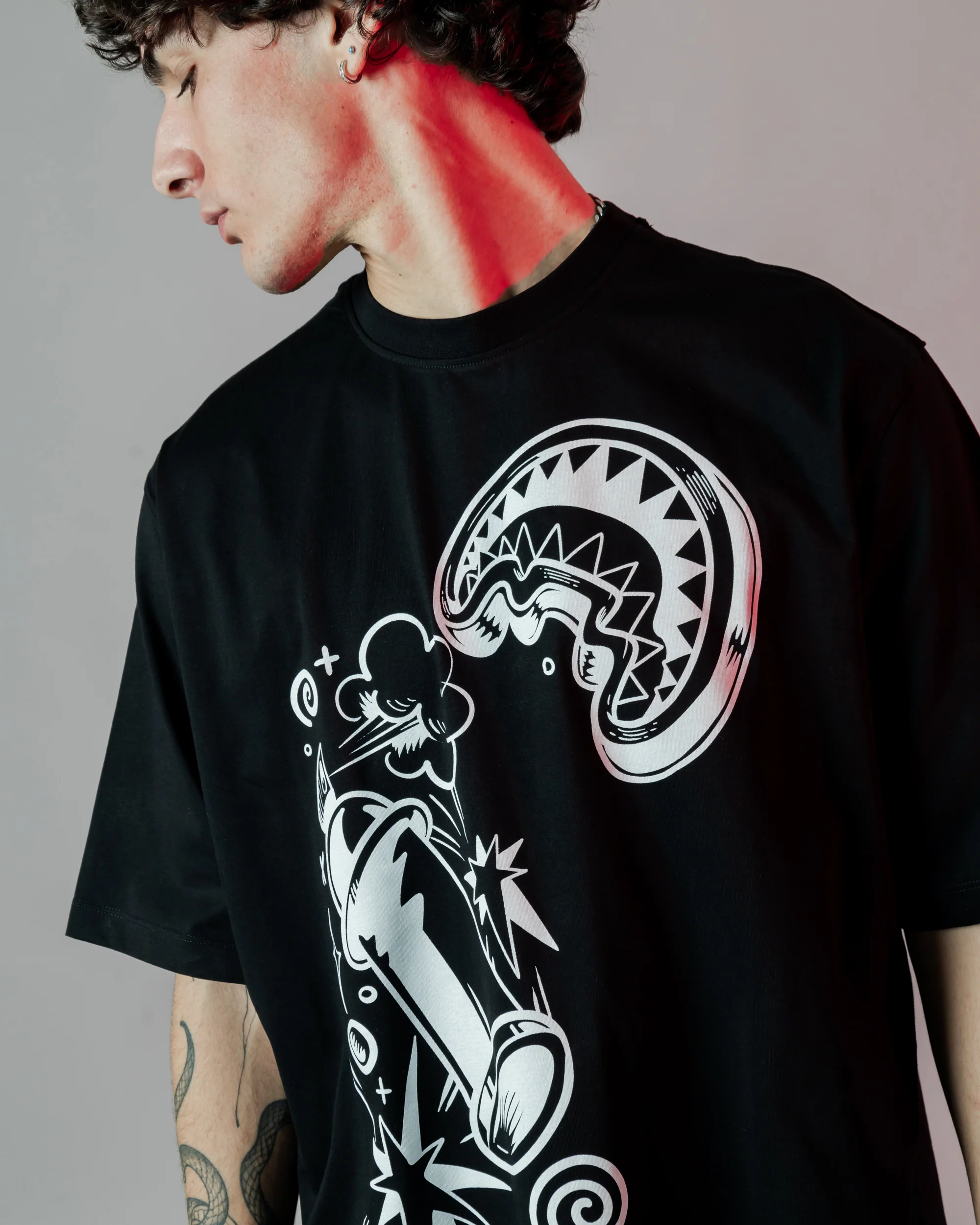 B&w Comic Shark Over T-shirt - Image 2